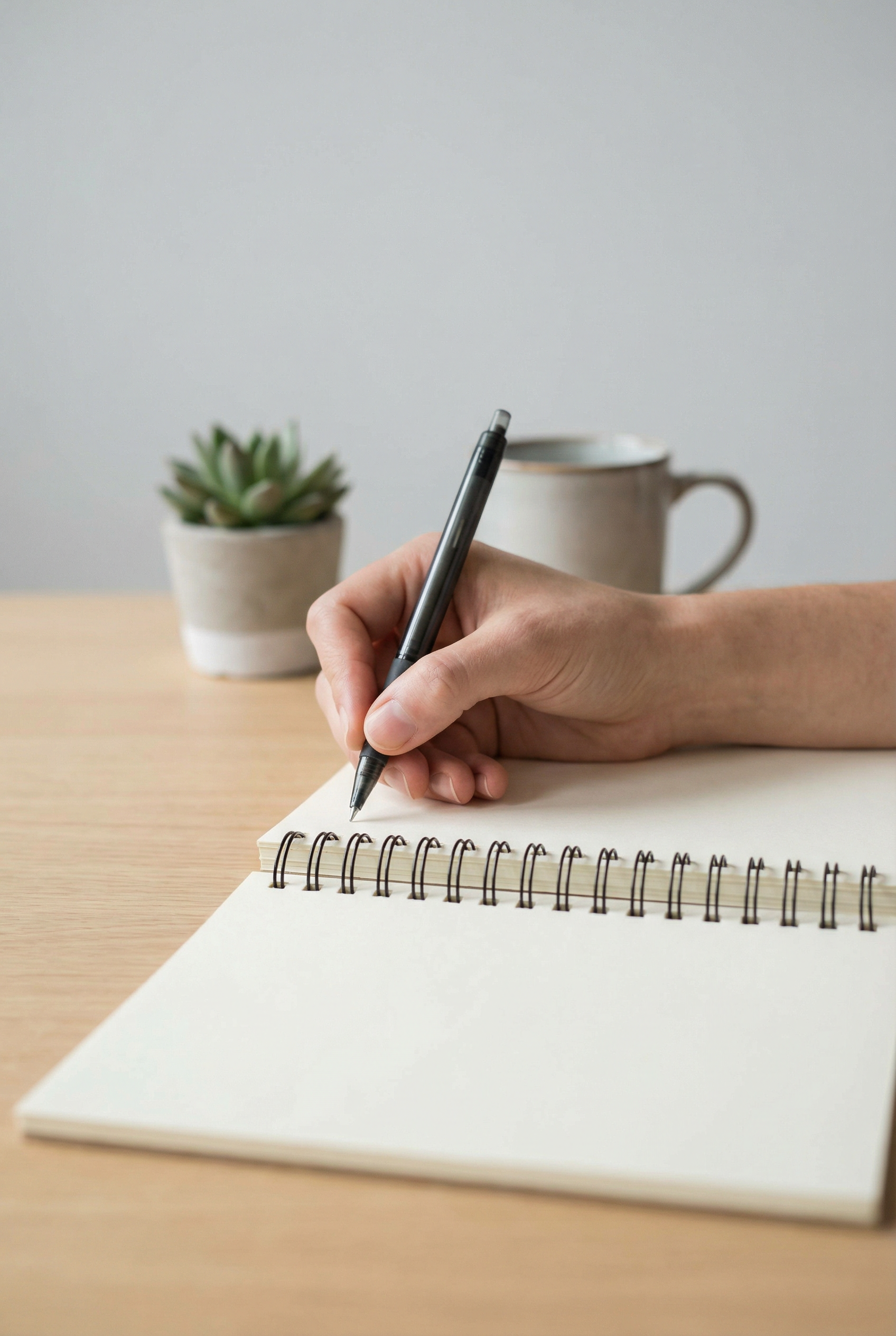 Hand writing in a spiral notebook beside a mug and small potted plant on a desk