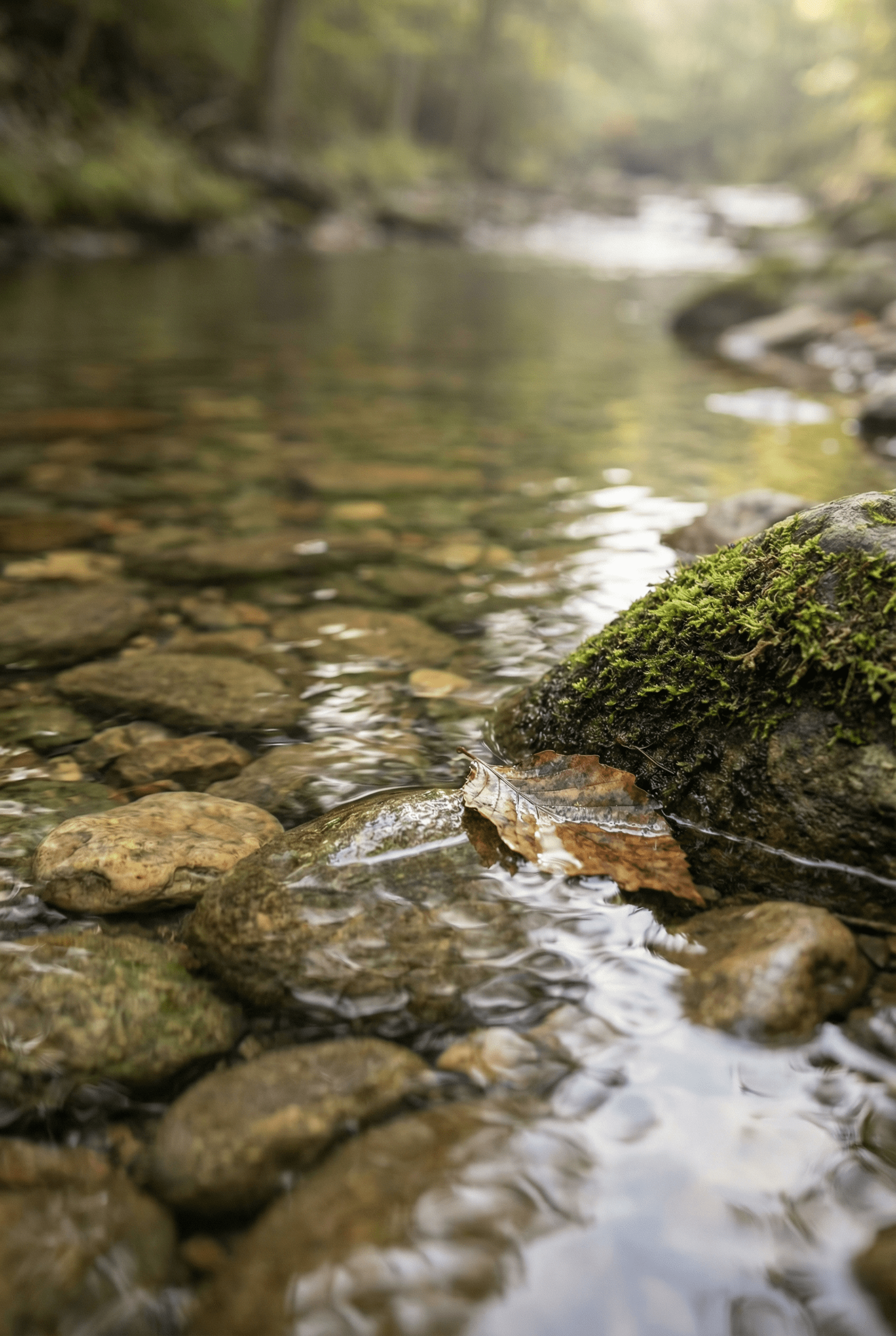 Shallow stream with clear water flowing over rocks beside a moss-covered stone