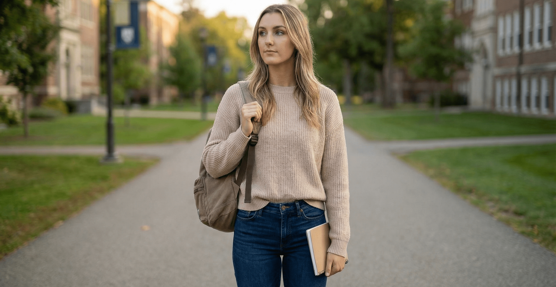Woman in a beige sweater and jeans walking on a tree-lined path, carrying a shoulder bag.