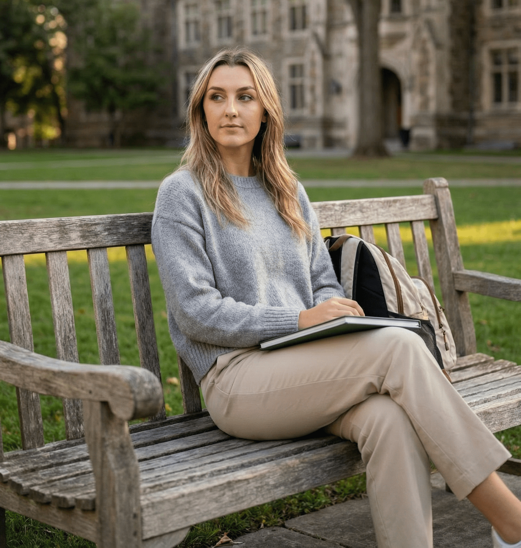 Woman sitting on a wooden bench in a park, wearing a gray sweater and beige pants.