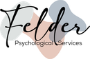 Felder Psychological Services logo with black script text over soft gray and peach abstract shapes