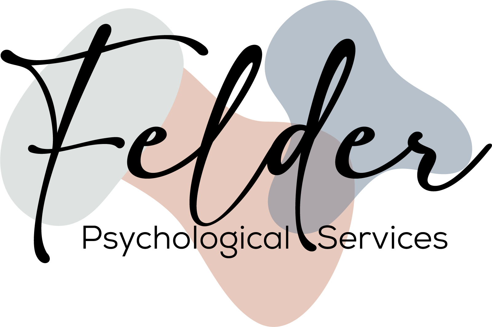 Felder Psychological Services logo with black script text over soft gray and peach abstract shapes