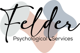 Felder Psychological Services logo with black script text over soft gray and peach abstract shapes