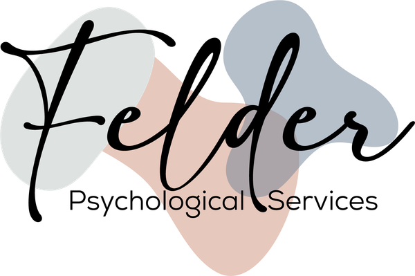 Felder Psychological Services logo with black script text over soft gray and peach abstract shapes