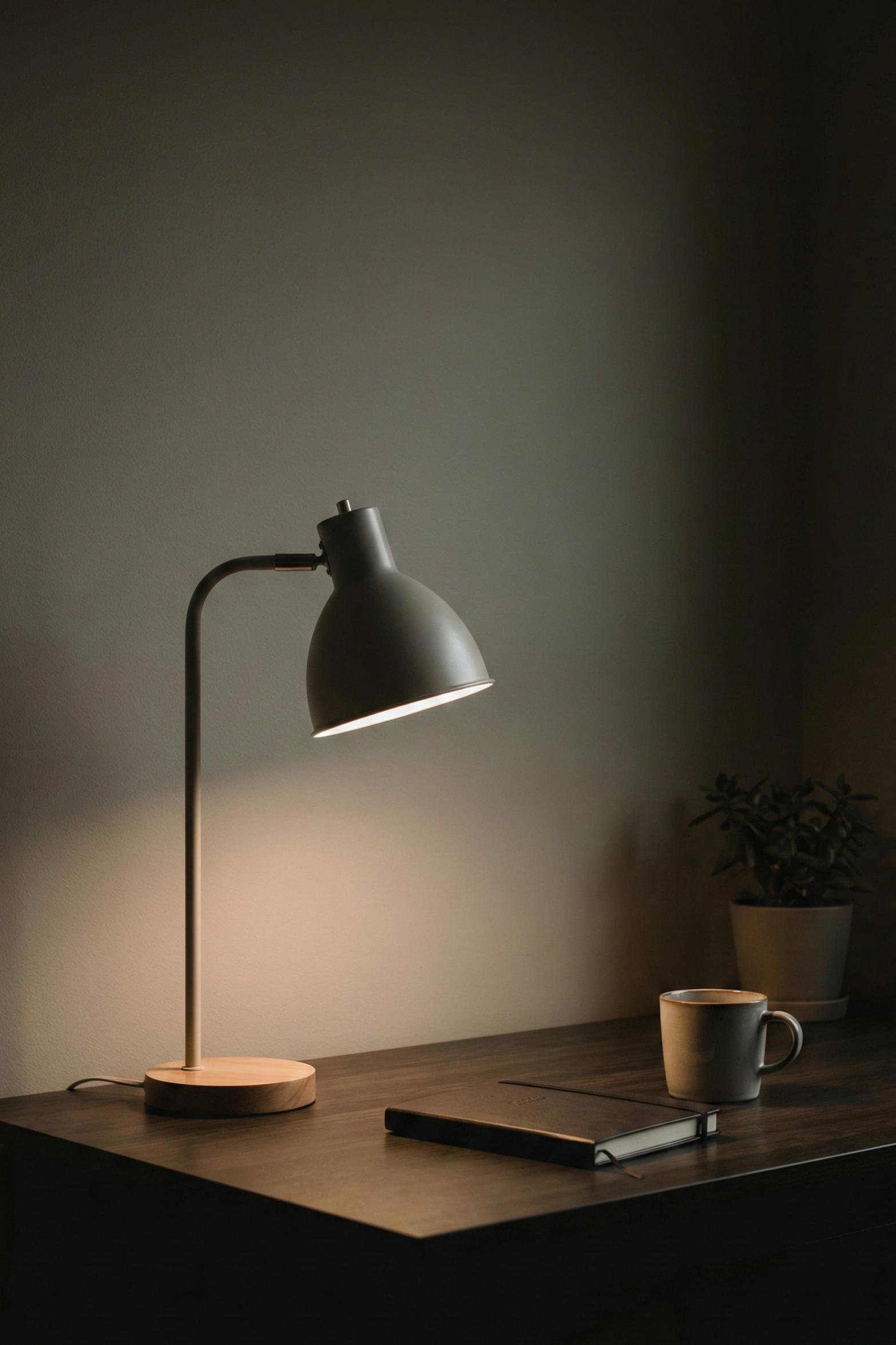 Desk lamp casting light on a wooden desk with a mug, notebook, and small plant.