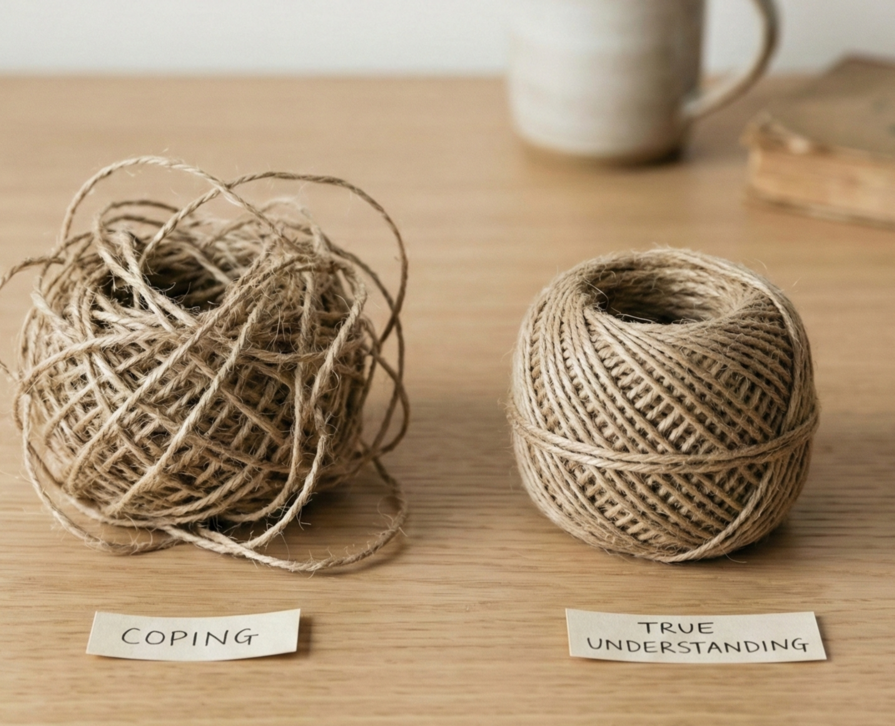 Two twine balls labeled “Coping” and “True understanding” on a tabletop