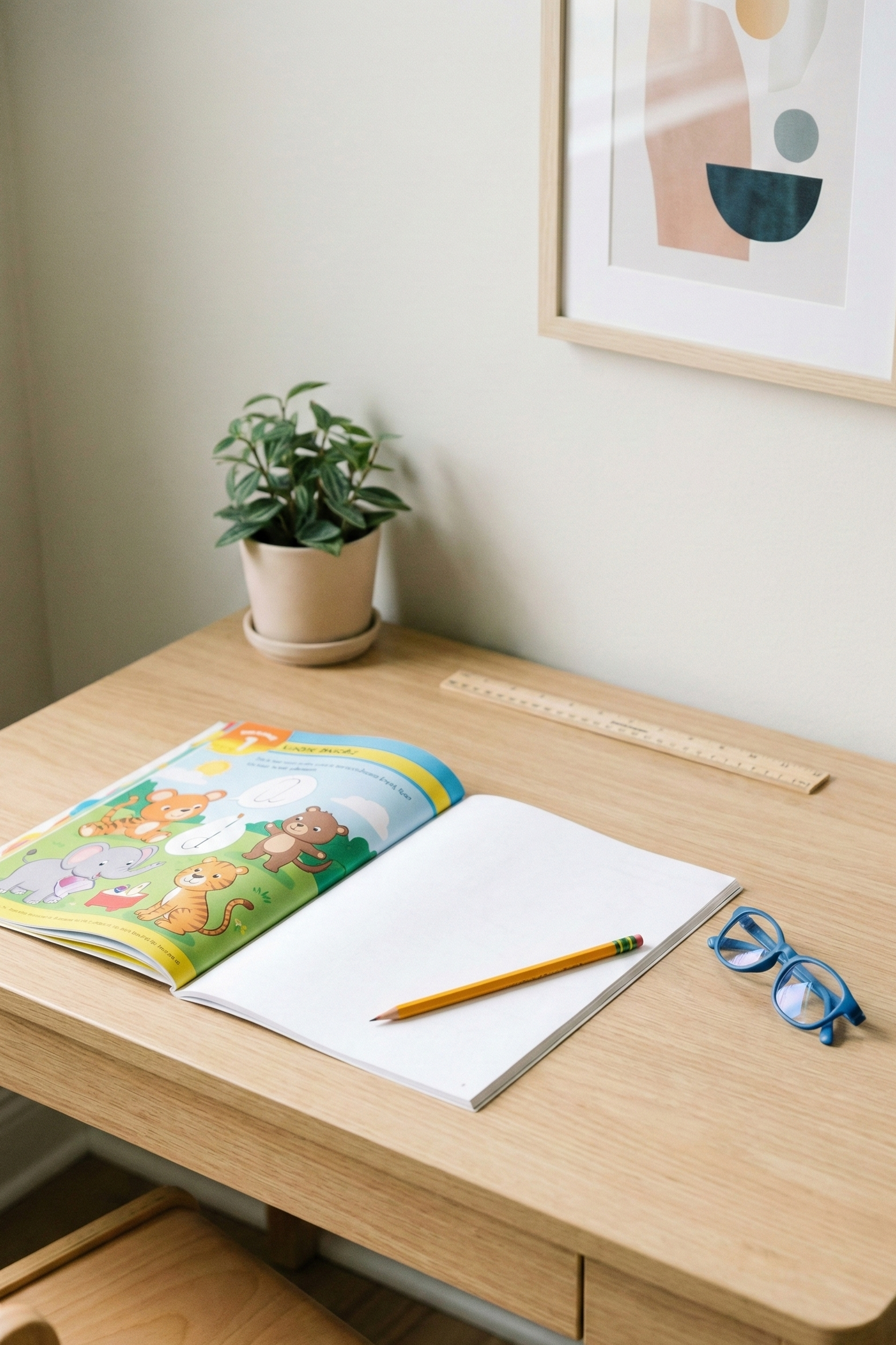 Wooden desk with an open workbook, pencil, glasses, and a potted plant by a wall print