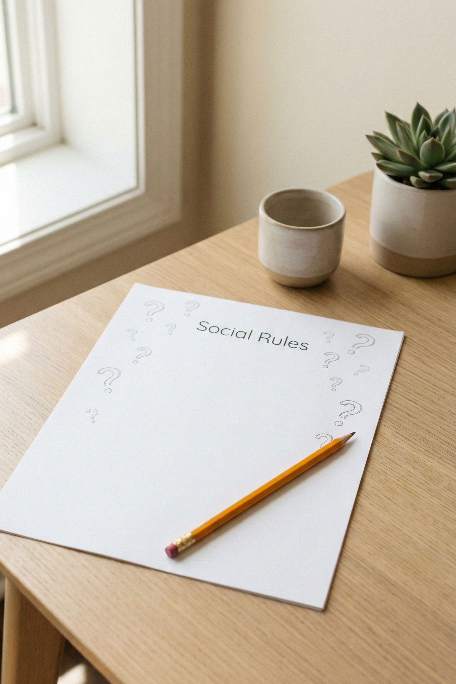 Notebook with pencil on a wooden desk by a window, with a small cup and potted succulent.