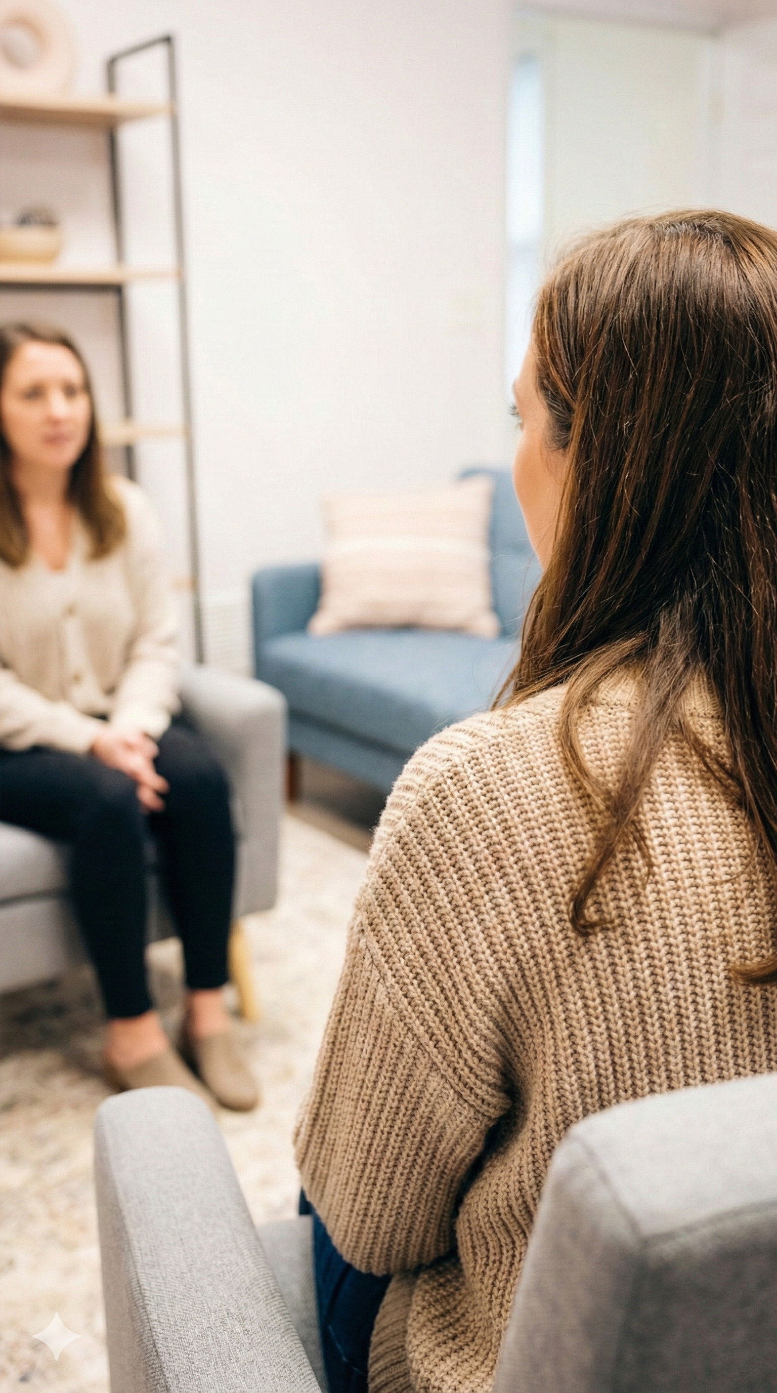 Two people talking in a cozy living room during a counseling session