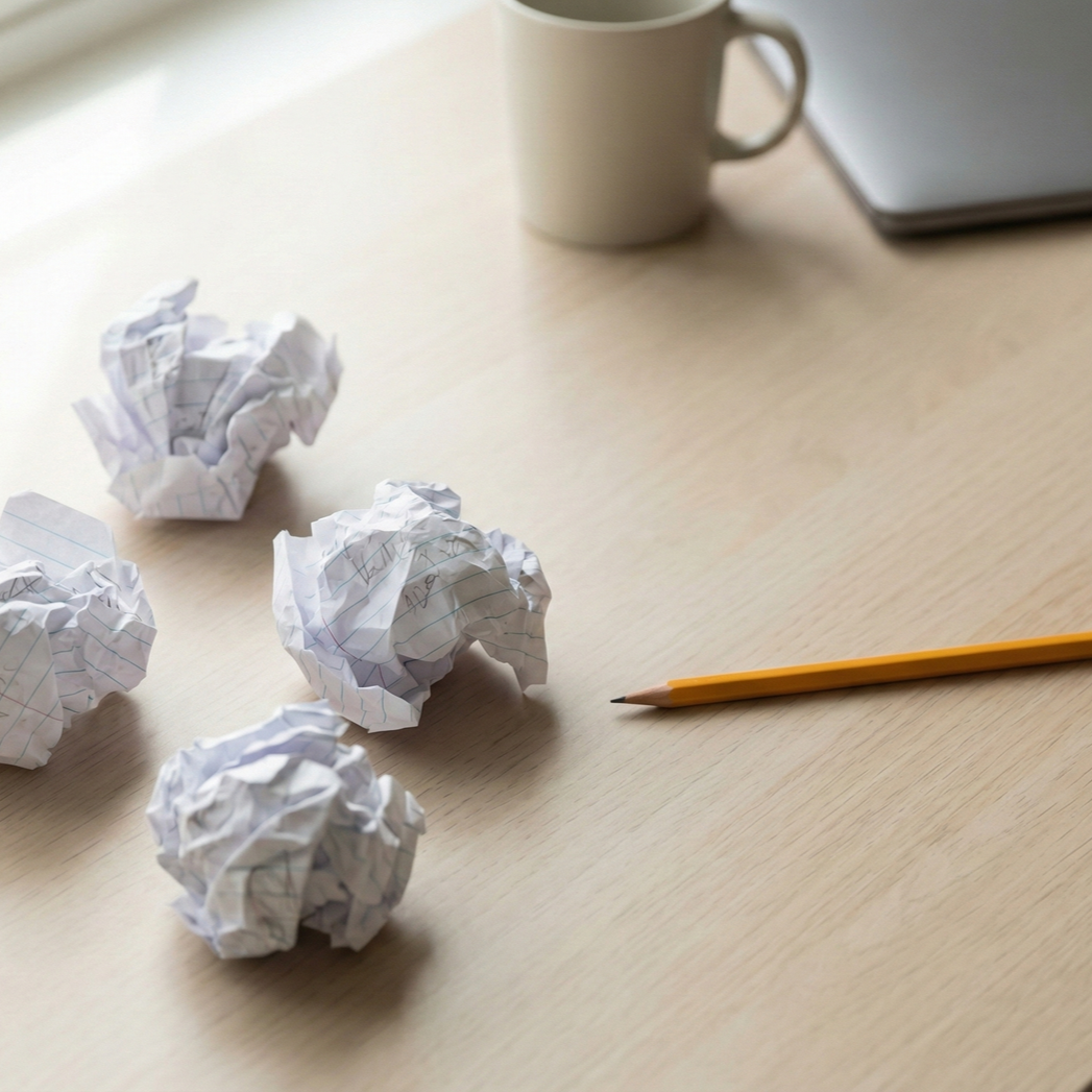 Crumpled paper balls beside a pencil and coffee mug on a light wooden desk