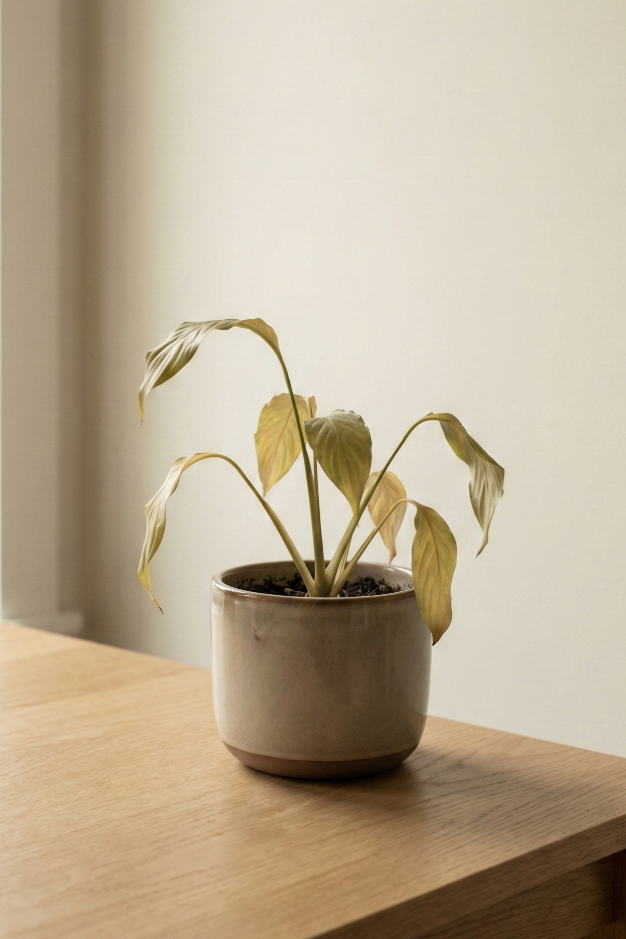 Small drooping potted plant with yellowing leaves on a wooden table beside a beige wall