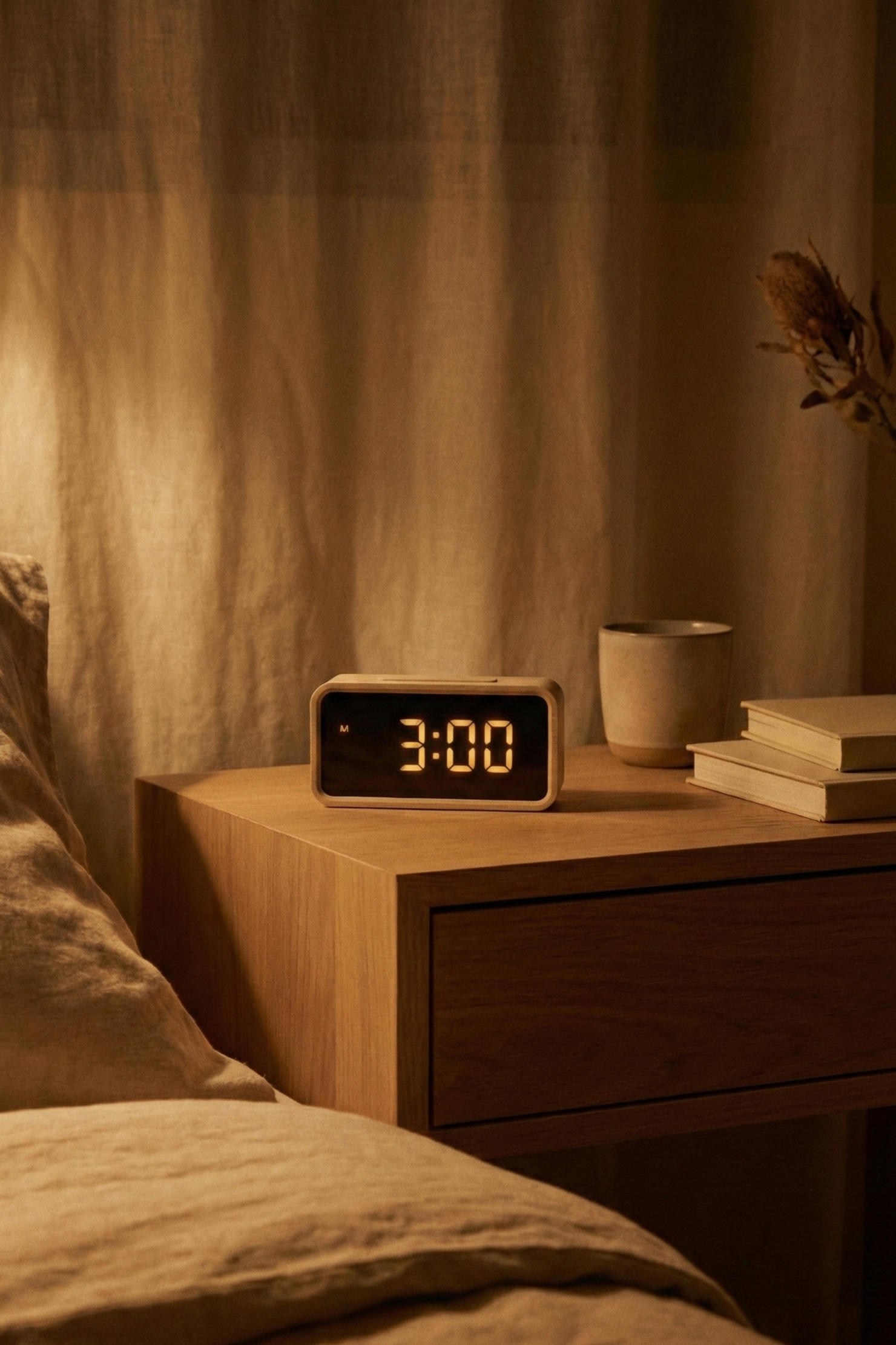 Warm bedroom with a bedside table, digital clock reading 3:00, mug, and stacked books by a curtain.