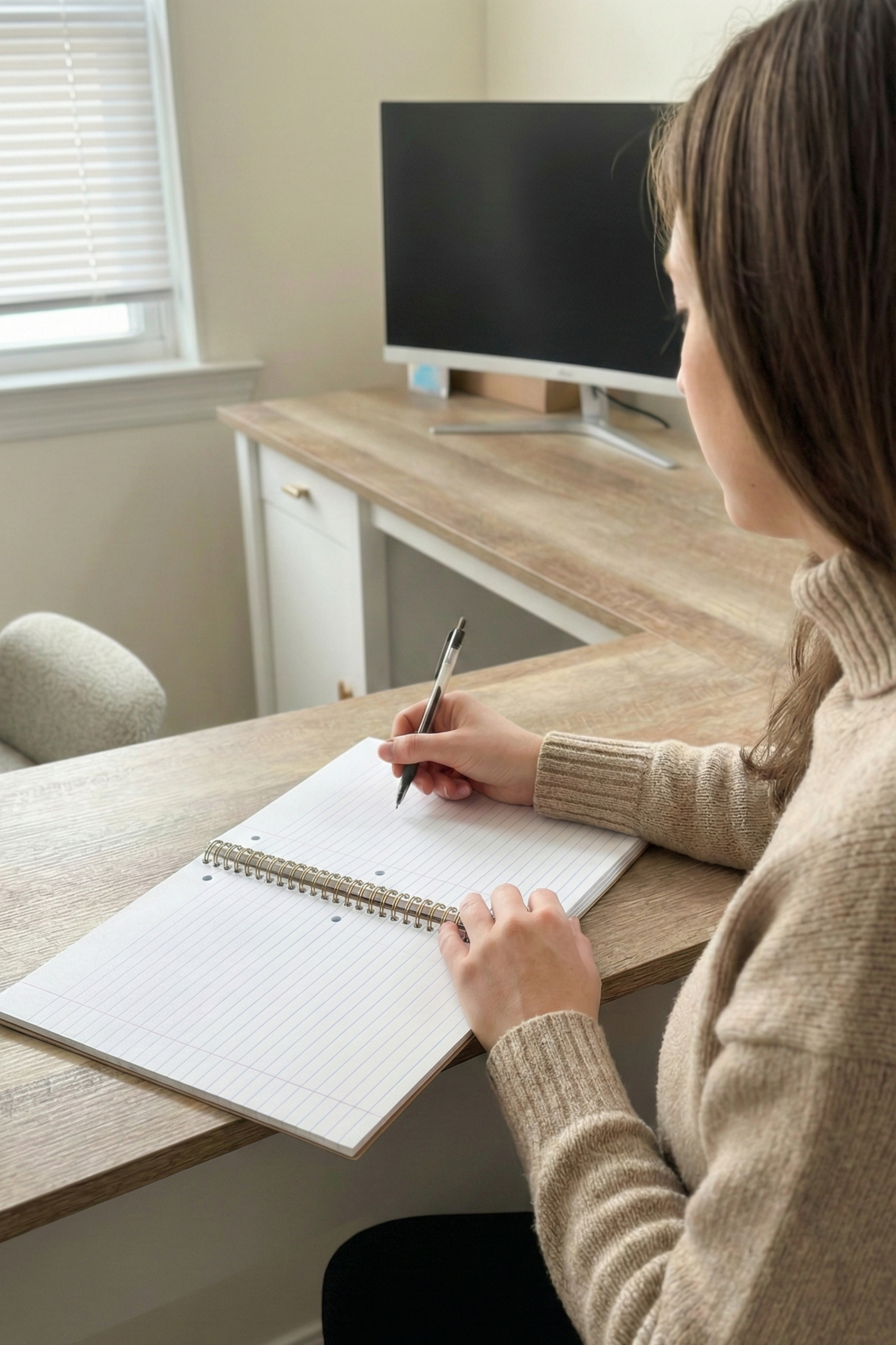 Person writing in a notebook at a desk in a bright home office.