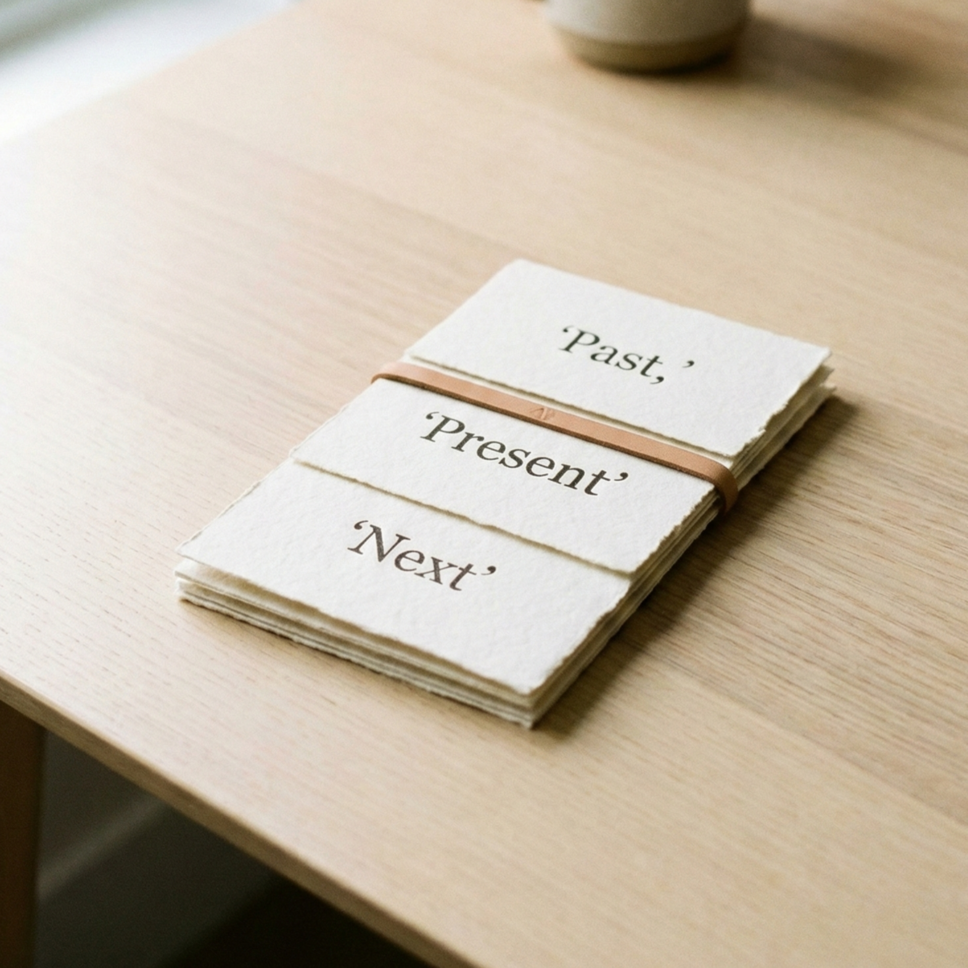 Stack of labeled cards reading “Past,” “Present,” and “Next” on a light wood table