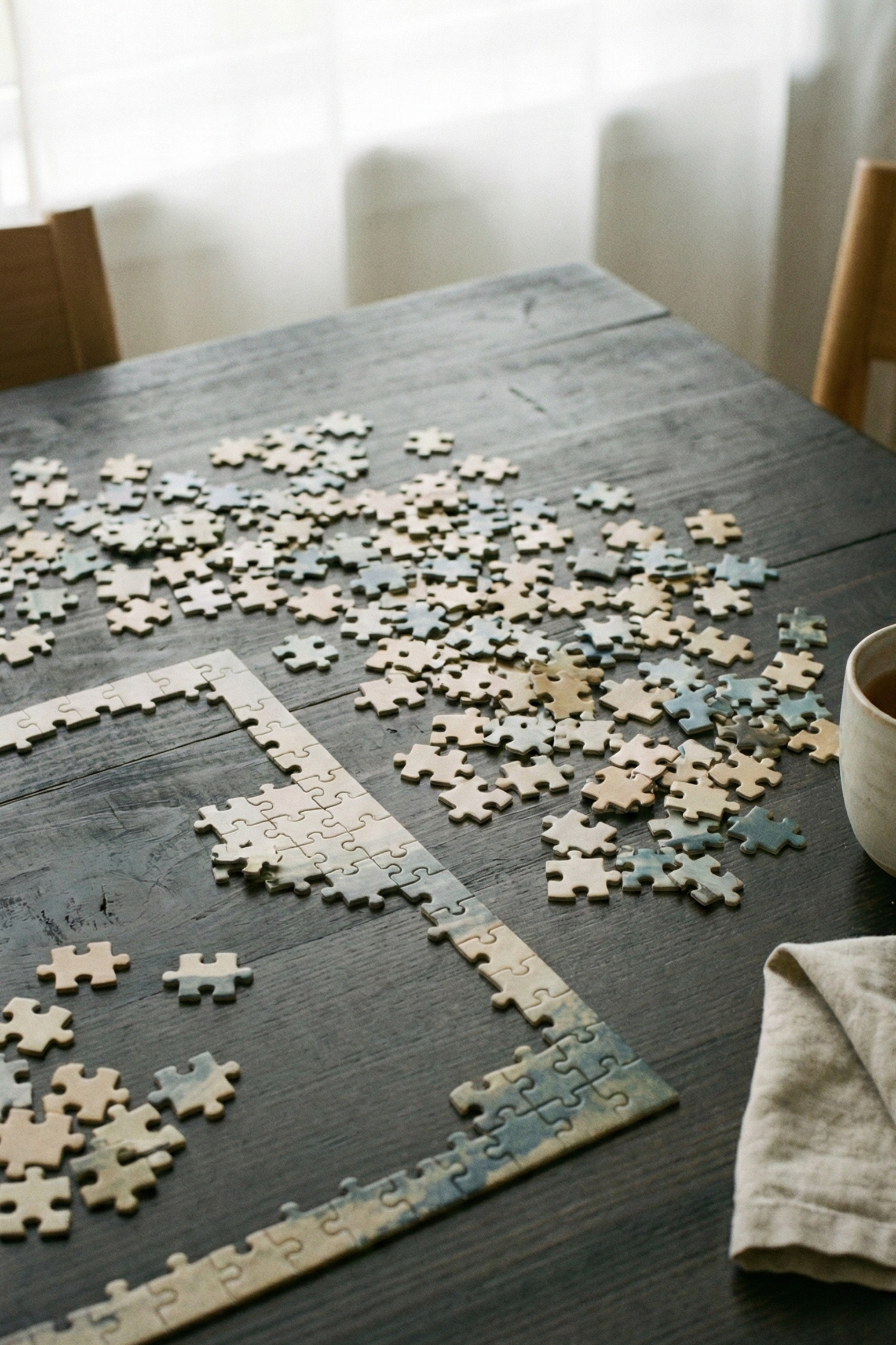 Partially assembled jigsaw puzzle on a table with scattered pieces and a towel nearby