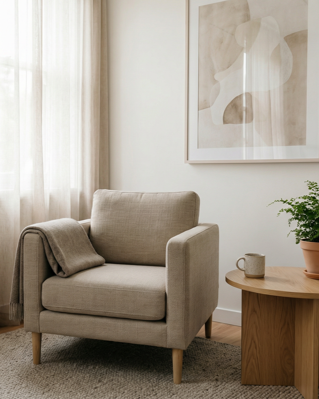 Cozy beige armchair beside a wooden side table in a bright, minimalist living room