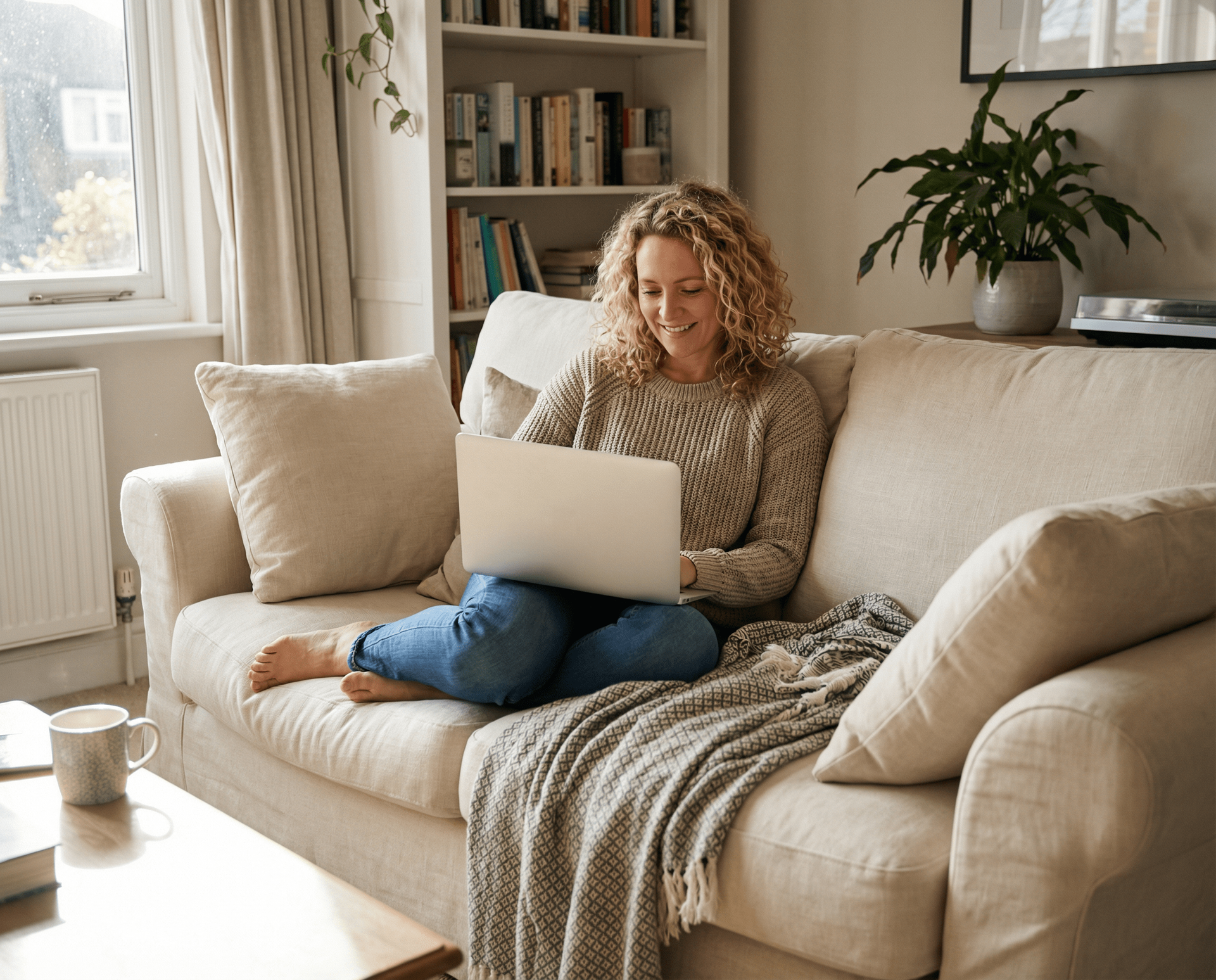 Person using a laptop on a beige couch in a sunlit living room
