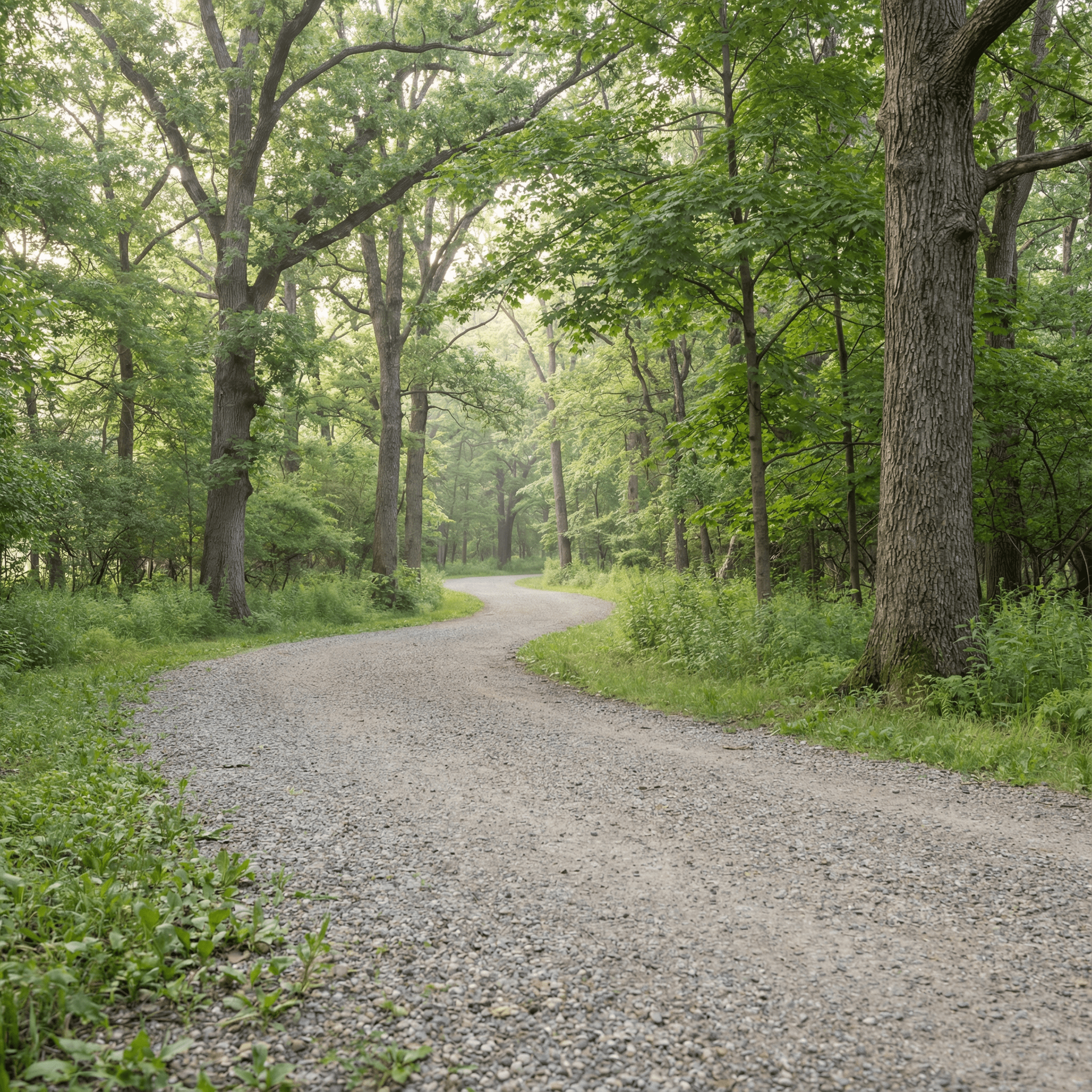 Gravel path winding through a lush green forest with tall trees