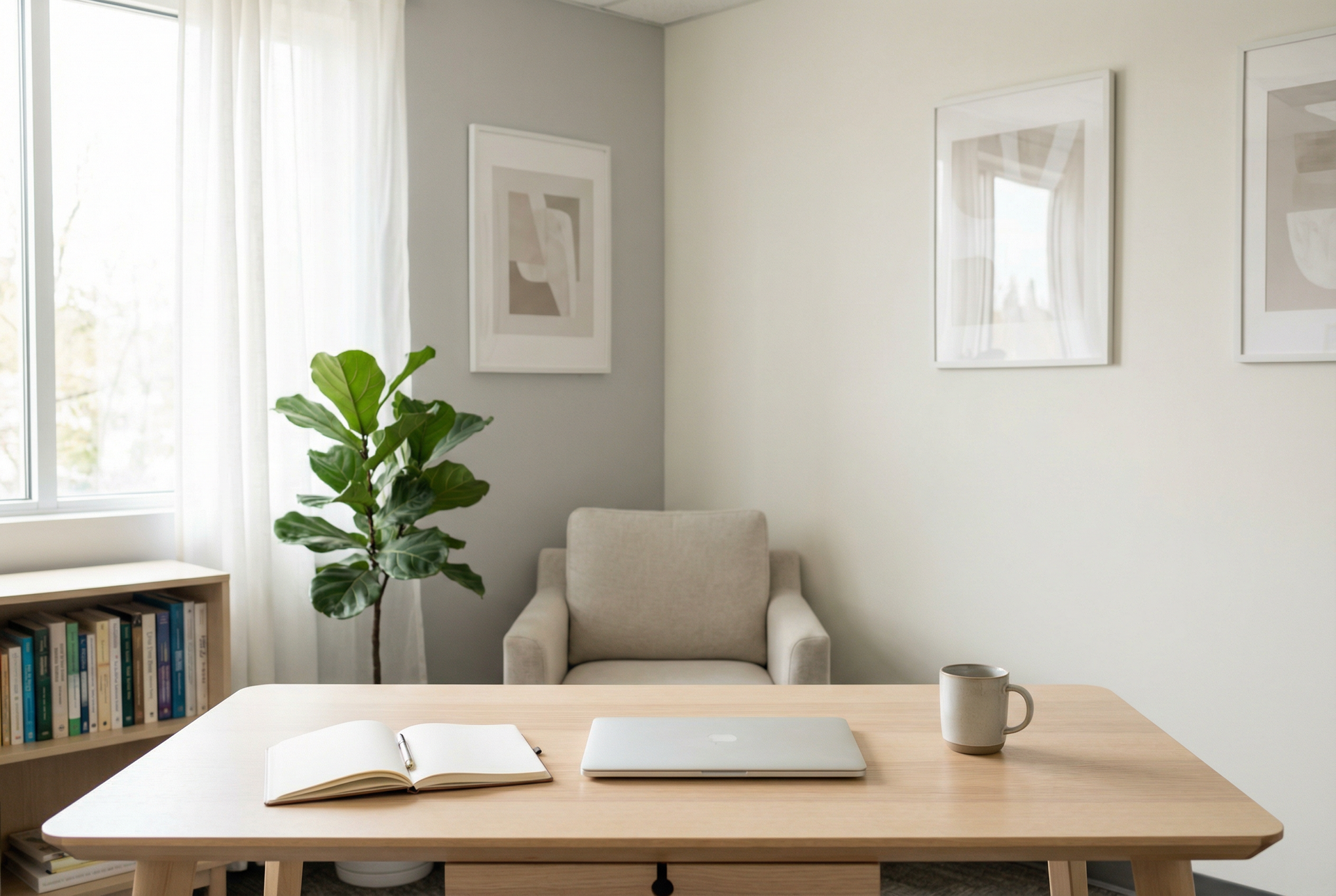 Minimal home office with desk, chair, laptop, open notebook, mug, plant, and bright window light