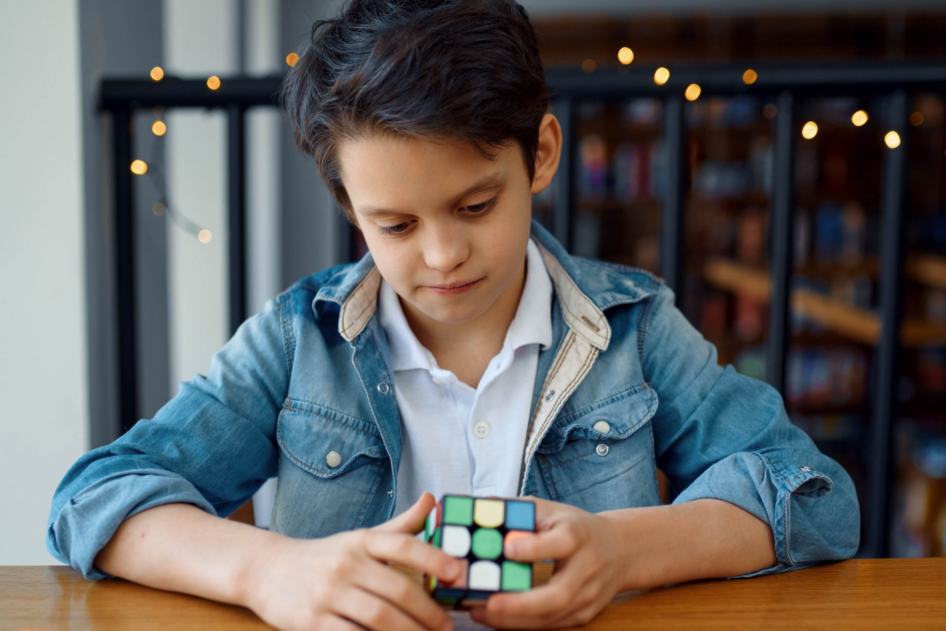 Child in a denim jacket concentrating on a Rubik’s cube at a wooden table in a café