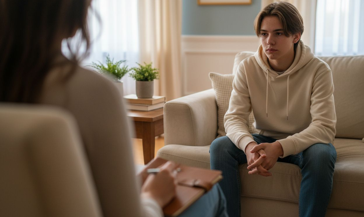 Person in a beige hoodie sits on a sofa, leaning forward during a counseling conversation in a bright room.
