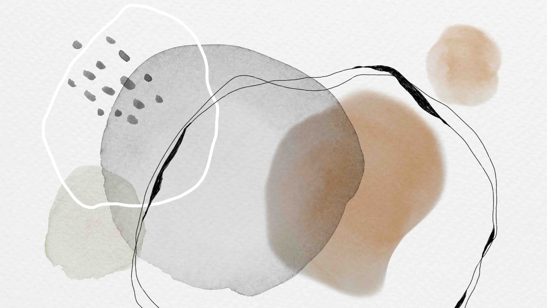 Abstract watercolor-style composition with overlapping gray, beige, and black circles on a white background