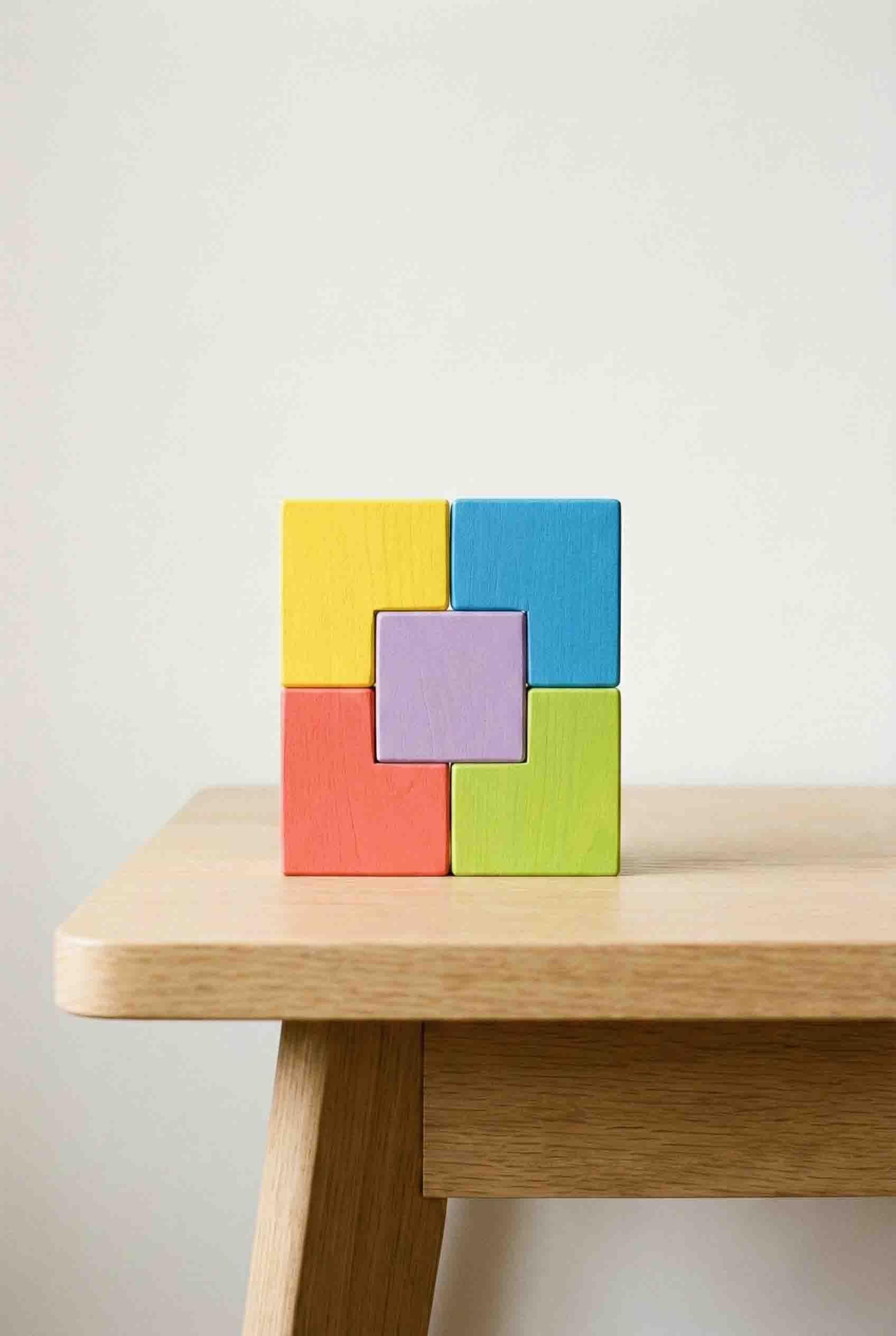 Colorful wooden puzzle blocks stacked on a wooden table against a plain wall