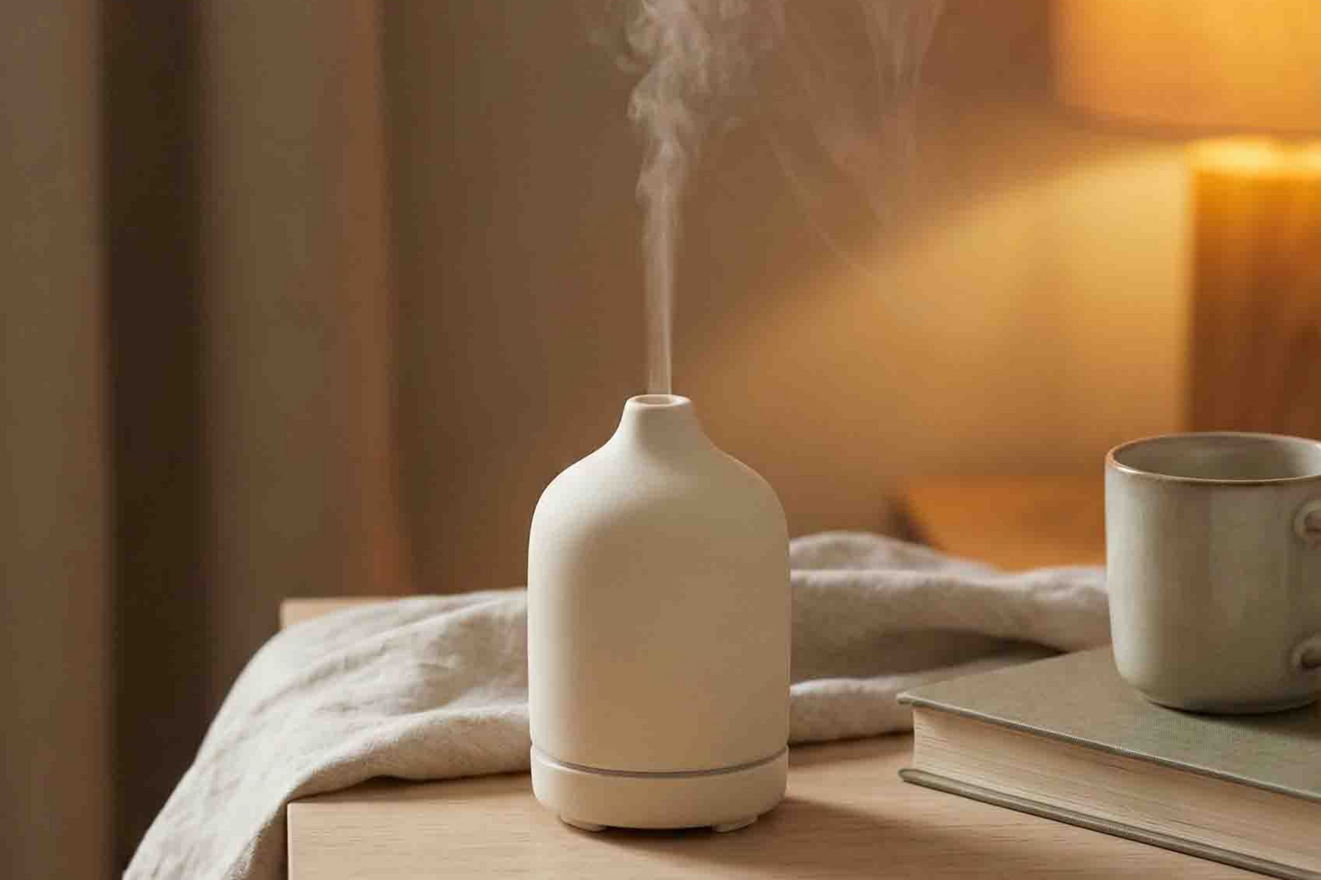 A white essential oil diffuser on a bedside table with steam, beside a mug and book in warm light
