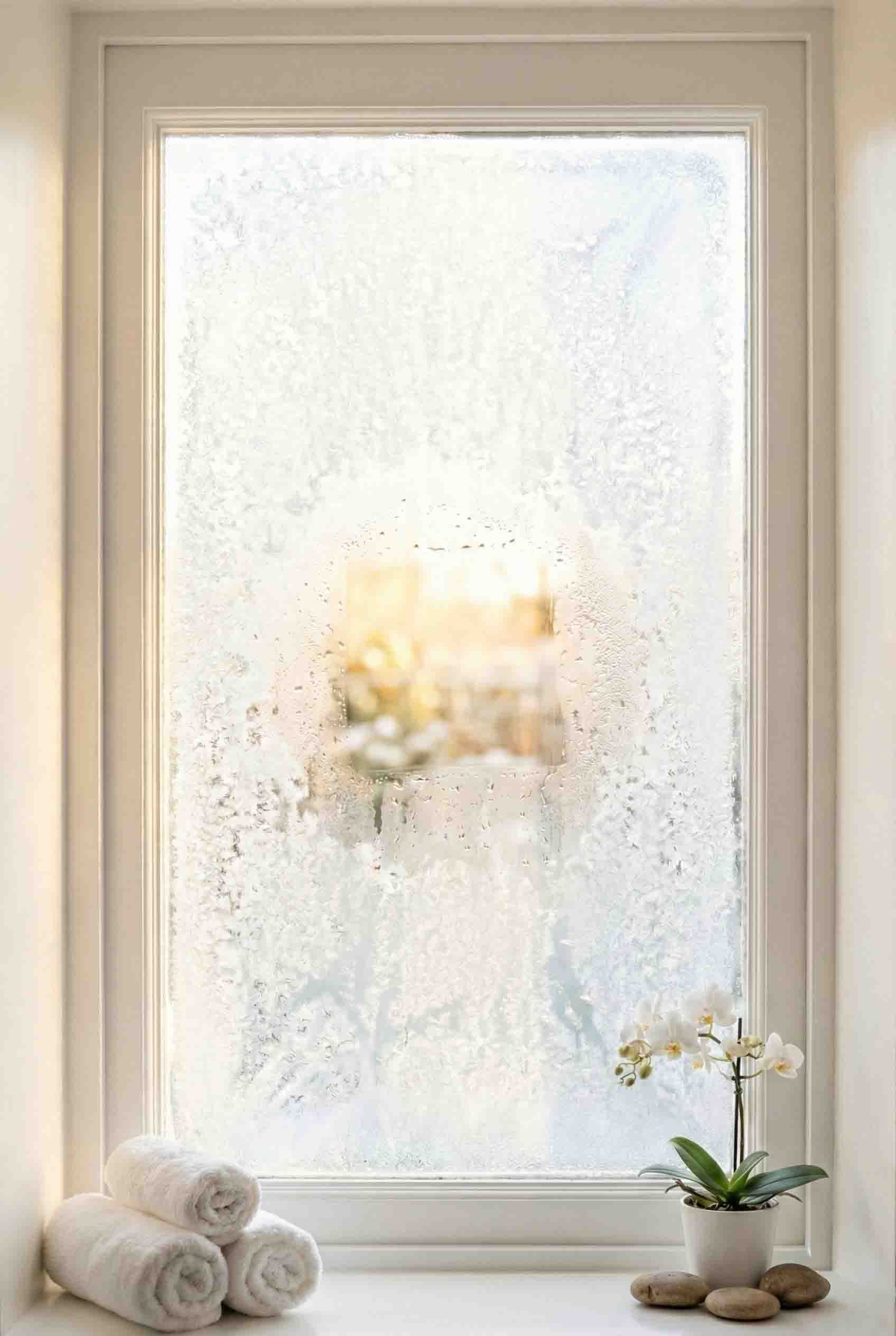 Frosted window with rolled towels and a potted orchid on the sill