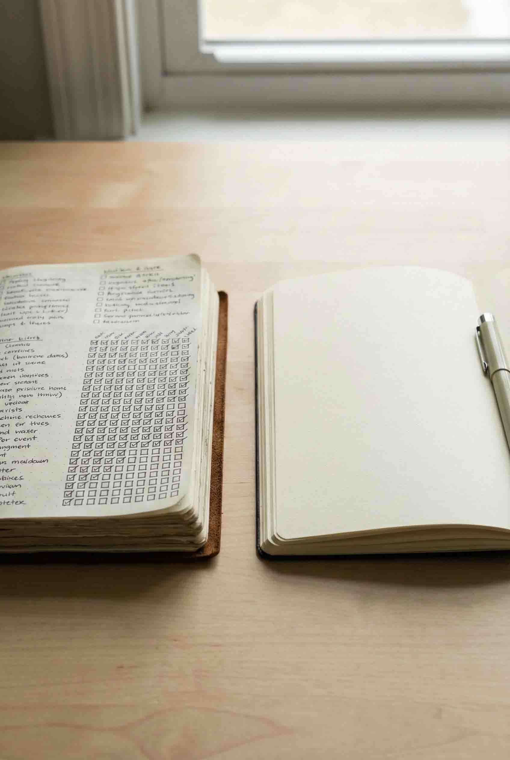 Open notebook with handwritten notes beside a blank notebook and pen on a wooden table by a window