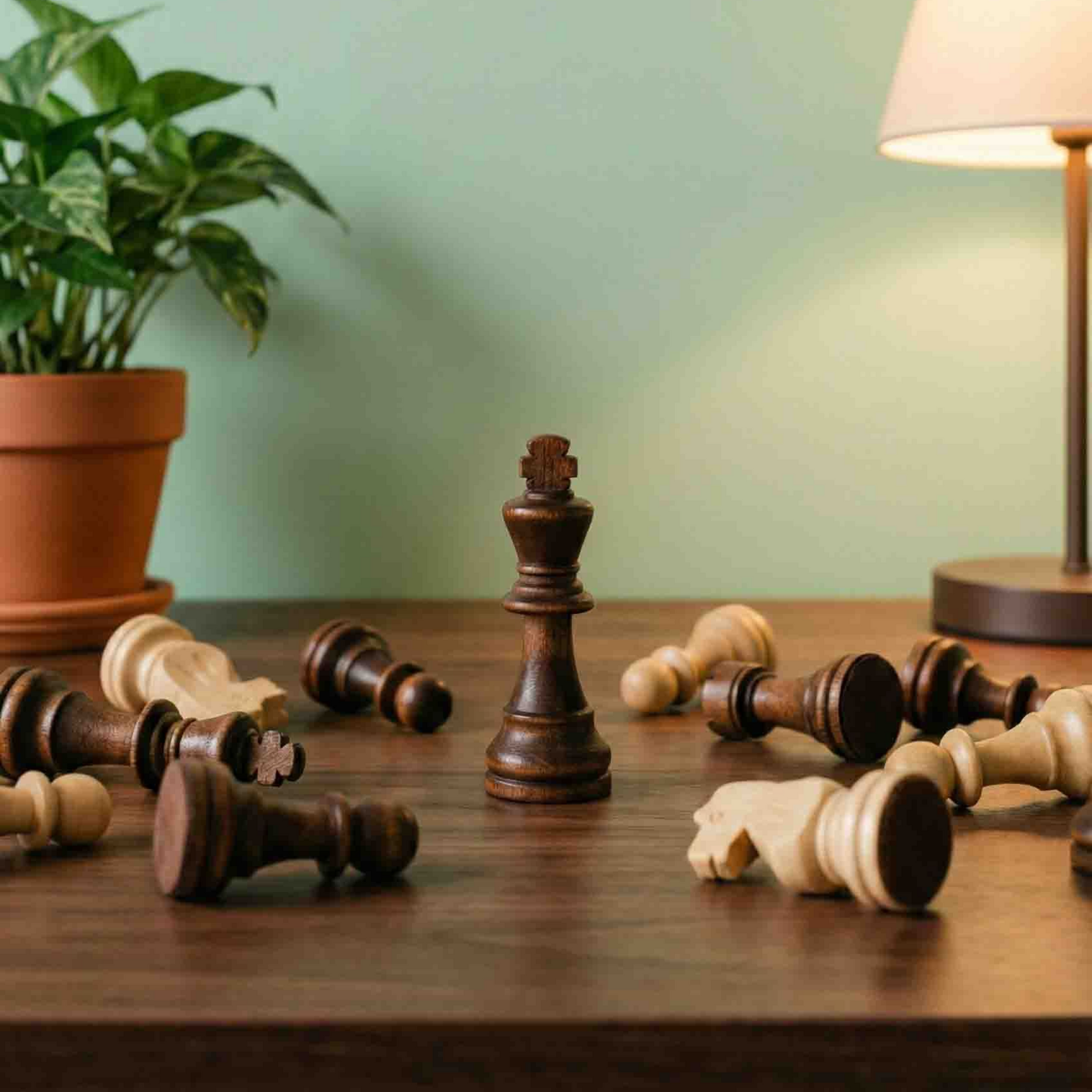 Toppled chess pieces around a standing king on a wooden table, with a potted plant and lamp in the background