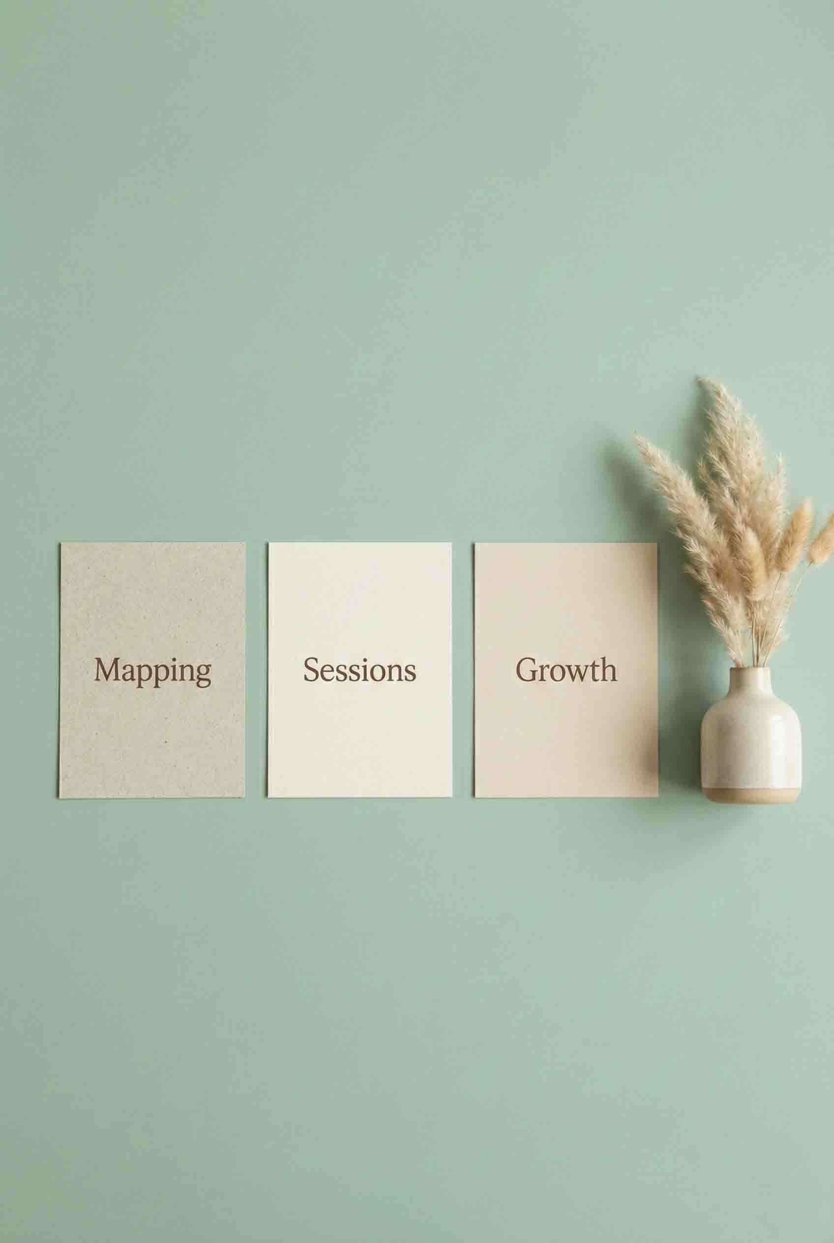 Minimalist wall decor with three quotes cards and a small vase of dried flowers on a sage green background