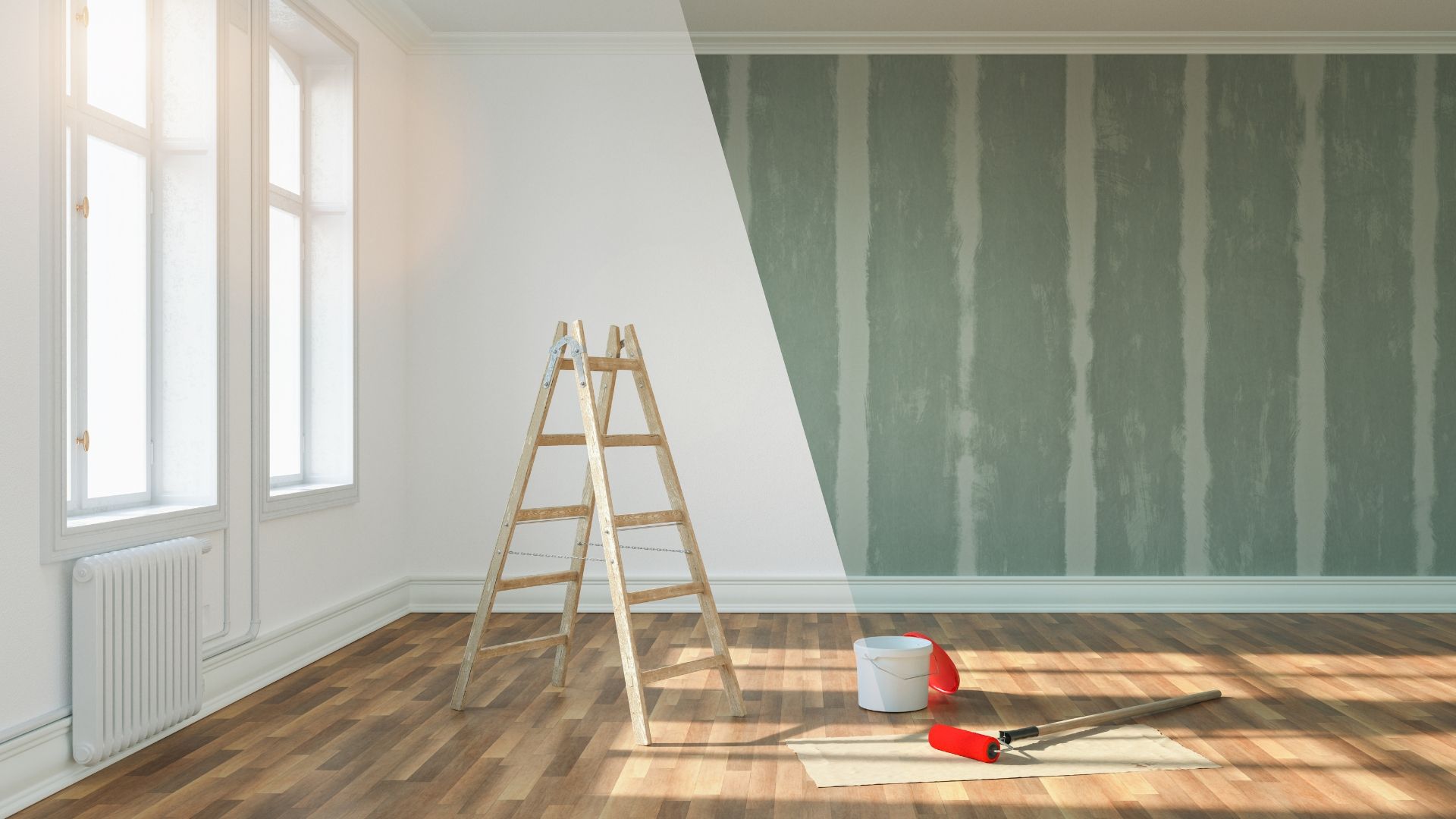 An expert home renovation in progress with a ladder and paintbrushes waiting to be used