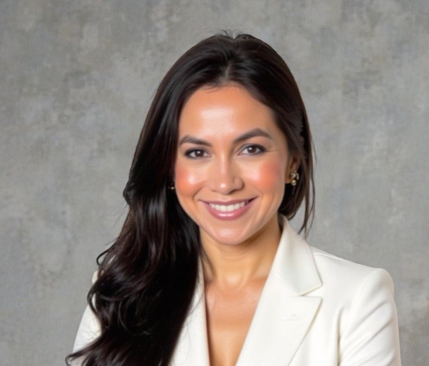 Woman with dark hair, smiling, wearing a white blazer against a white backdrop.