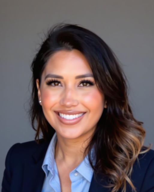 Woman in a blazer and white shirt smiles at the camera against a light blue background.