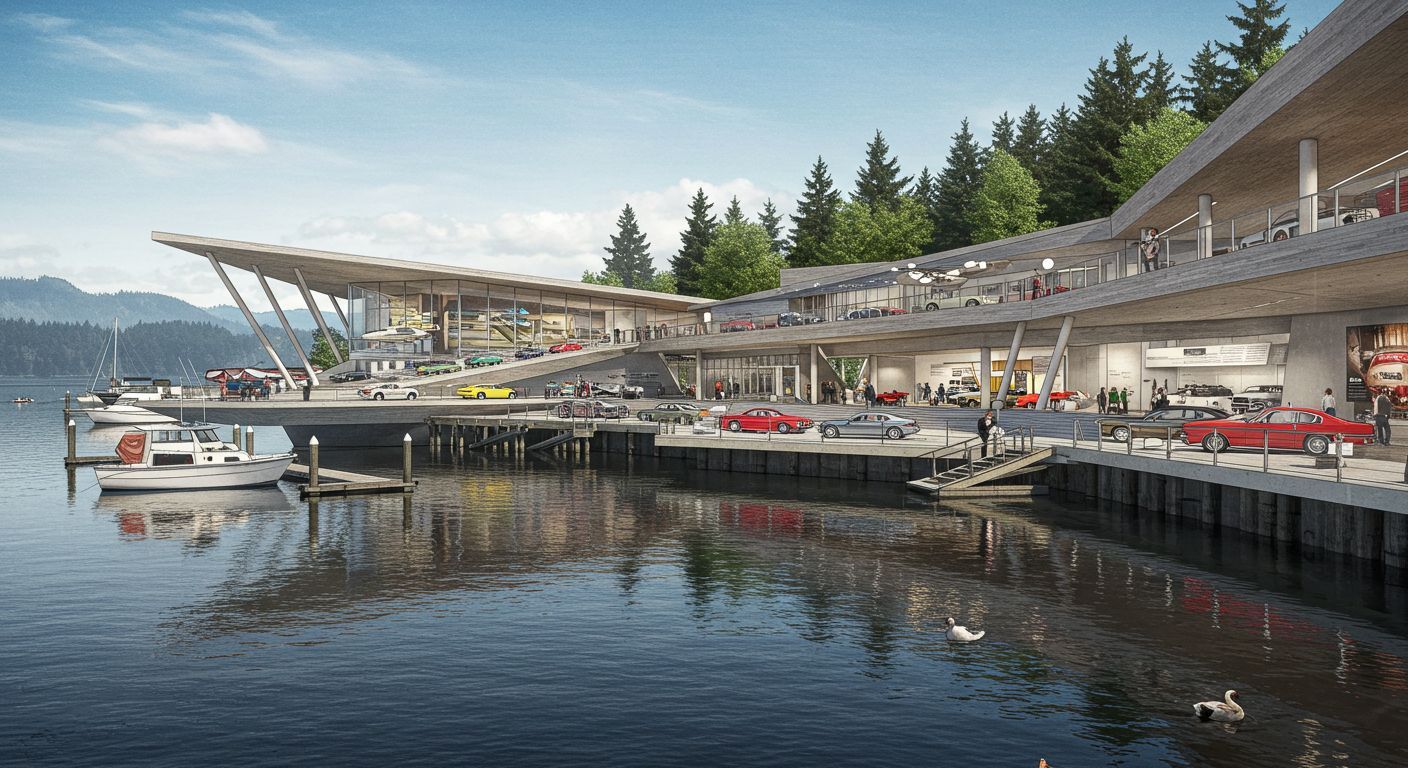 Car museum rendering: A multi-level, modern waterfront showroom structure with glass walls showcasing vintage cars parked along a wooden pier.