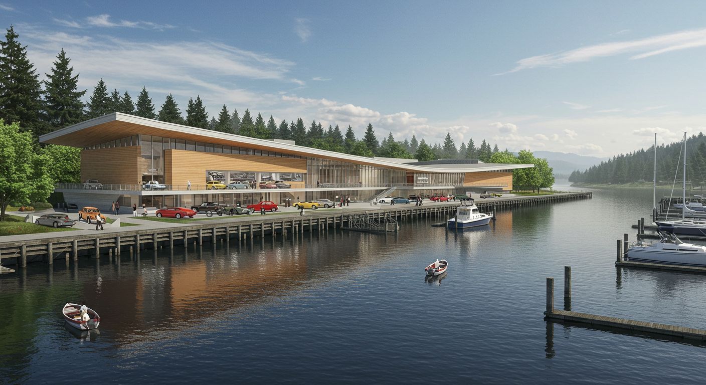 Car museum rendering: A modern, low-slung wooden building with large windows sits along a pier by a calm lake, with cars parked out front.