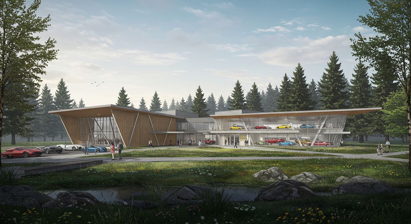 Car museum rendering: A modern building with large glass walls displaying classic cars, situated in a forested landscape.