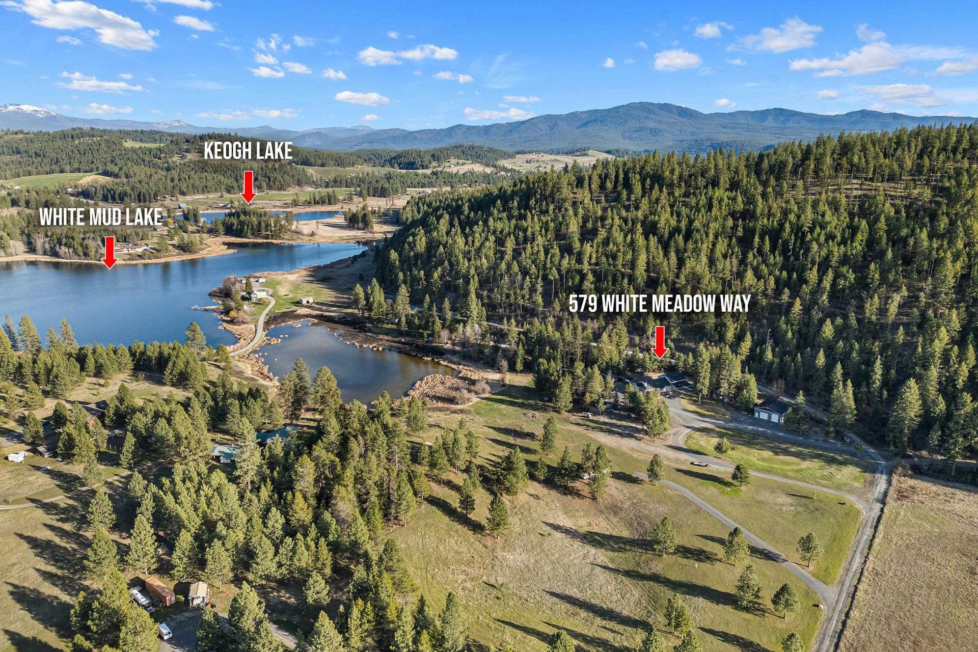 Aerial view of a forested lake with labels marking sites near the shoreline and road.