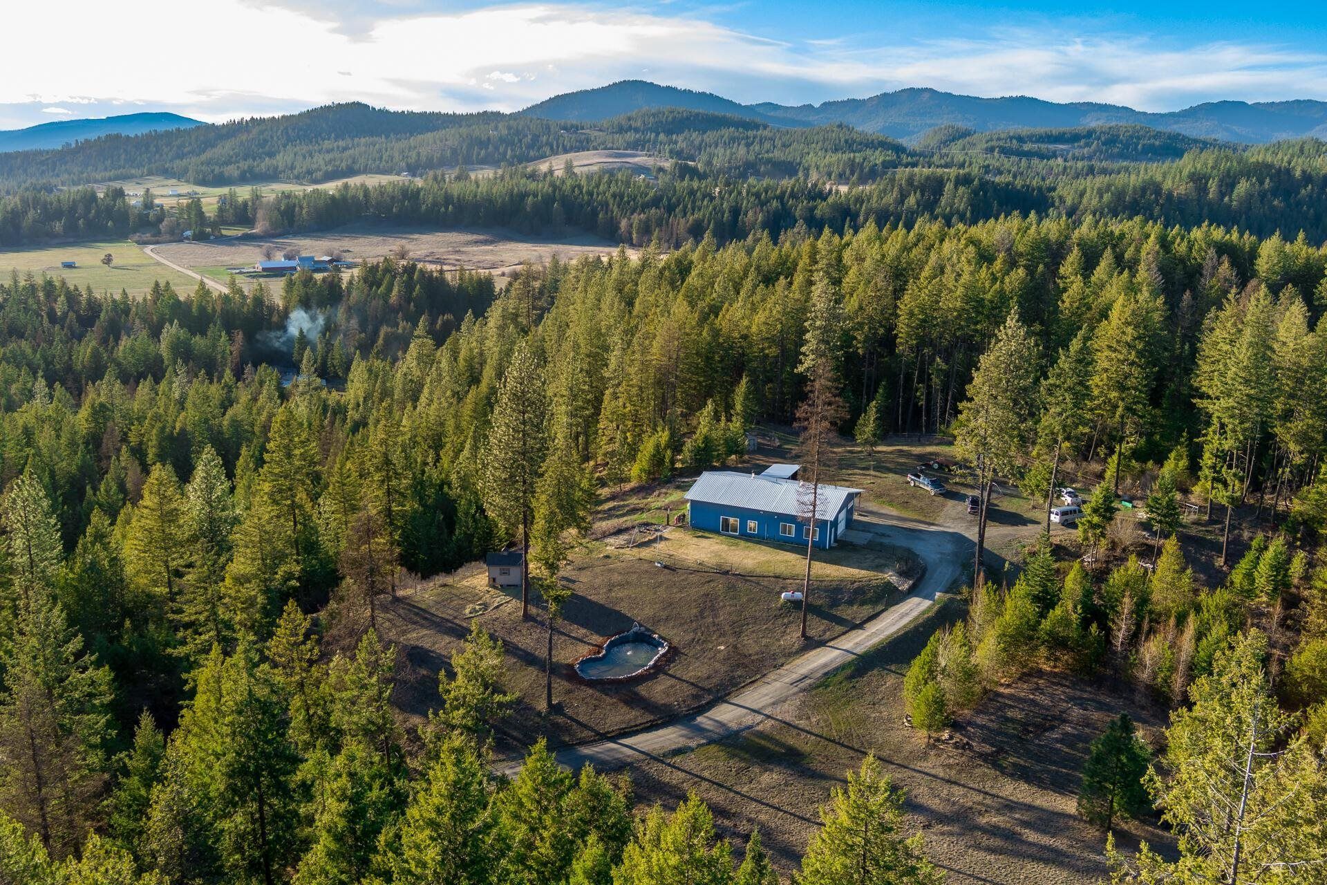 Aerial view of a small blue house in a forest clearing with mountains in the distance