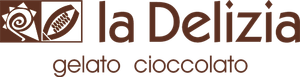 Logo La Delizia con icona a forma di foglia marrone e scritta “gelato cioccolato” su sfondo bianco.