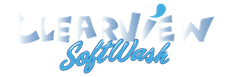 Clearview SoftWash logo in white and blue.