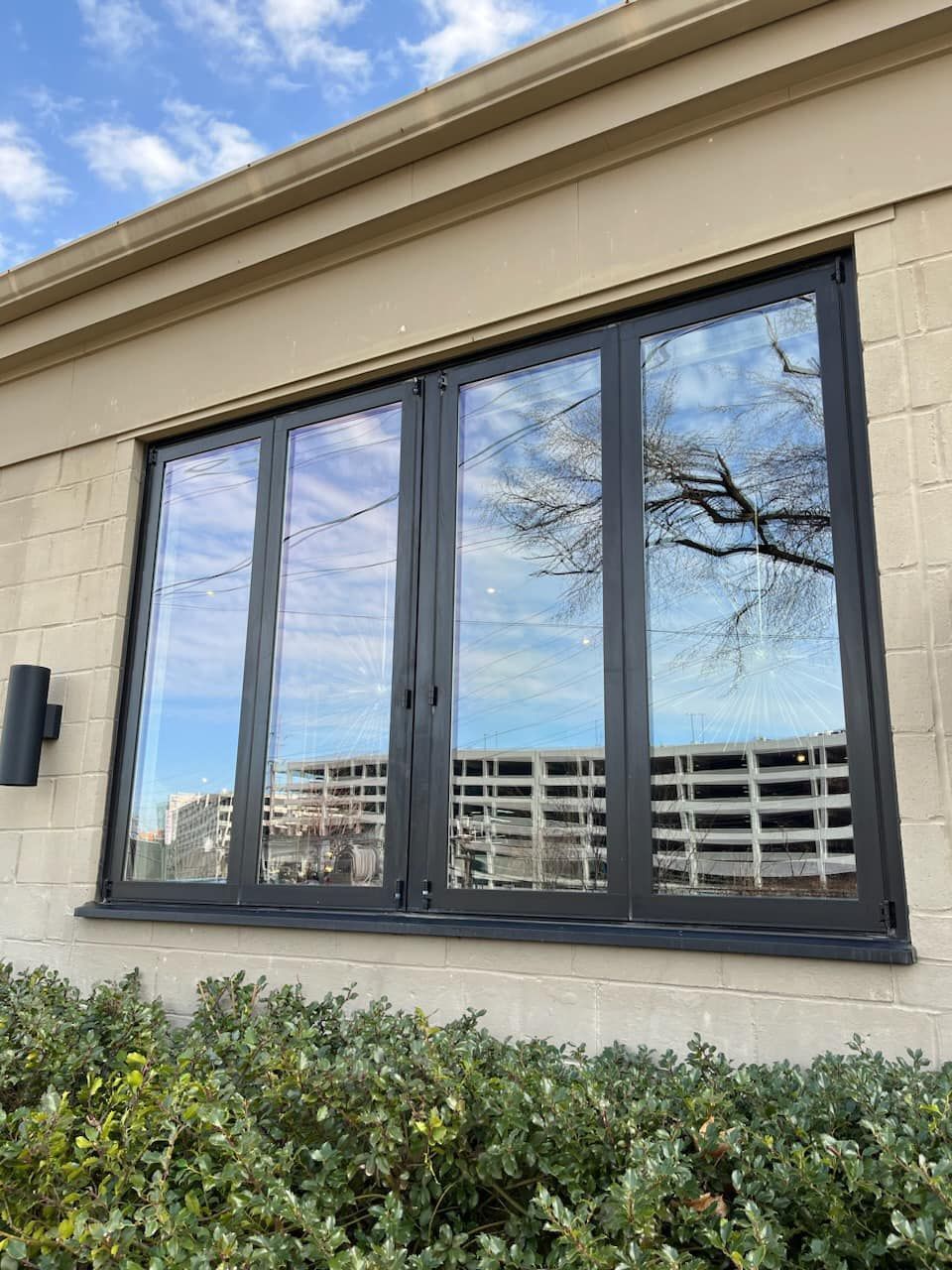Black-framed window reflecting a blue sky and trees, set in a light beige building. Green bushes below.