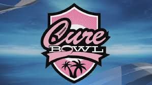 Cure Bowl logo: Pink and black design on a shield, featuring a football, palm trees, and the words