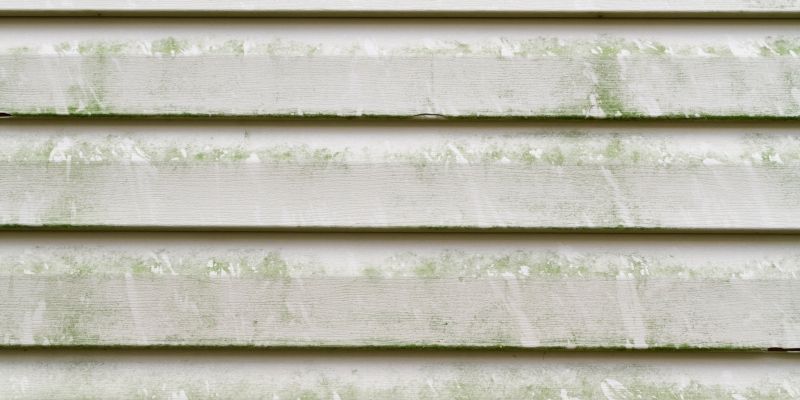 Close-up of weathered white clapboard siding with patches of green algae.