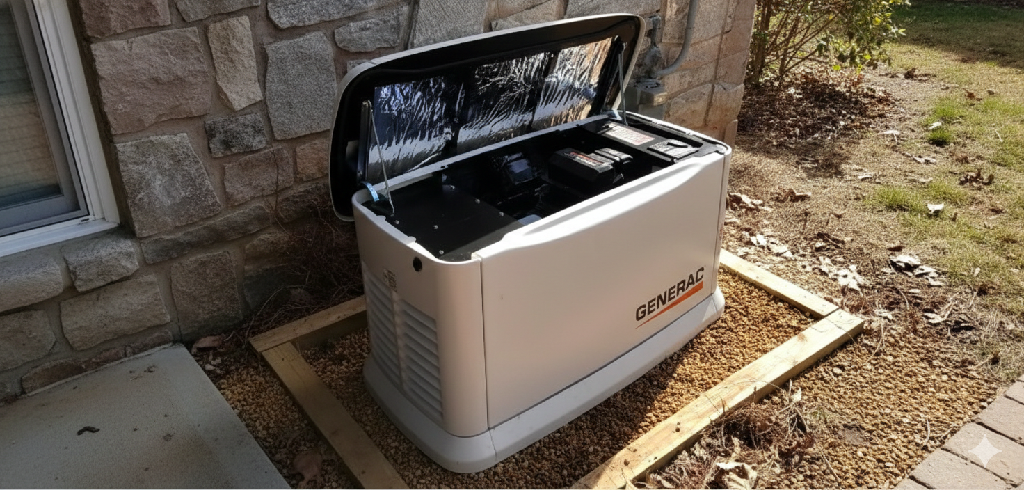 Generator with open lid against a stone wall, sitting on gravel within a wooden frame.