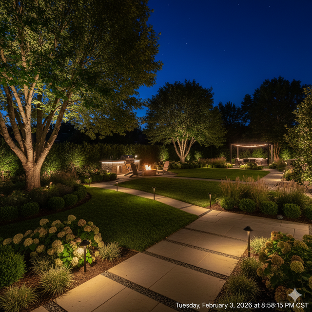 A moonlit garden path with landscape lighting leads to a fire pit, seating area, and pergola.