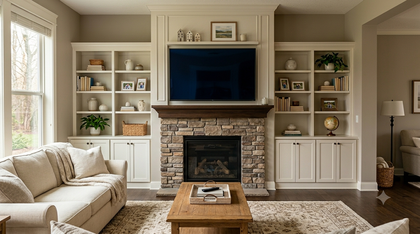 TV with cables routed through a wall-mounted box, concealing power and data connections.