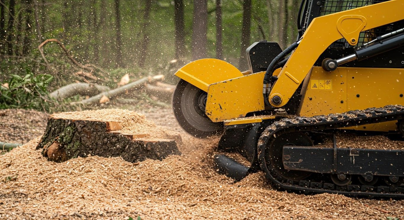 Yellow stump grinder grinding a tree stump, wood chips flying.