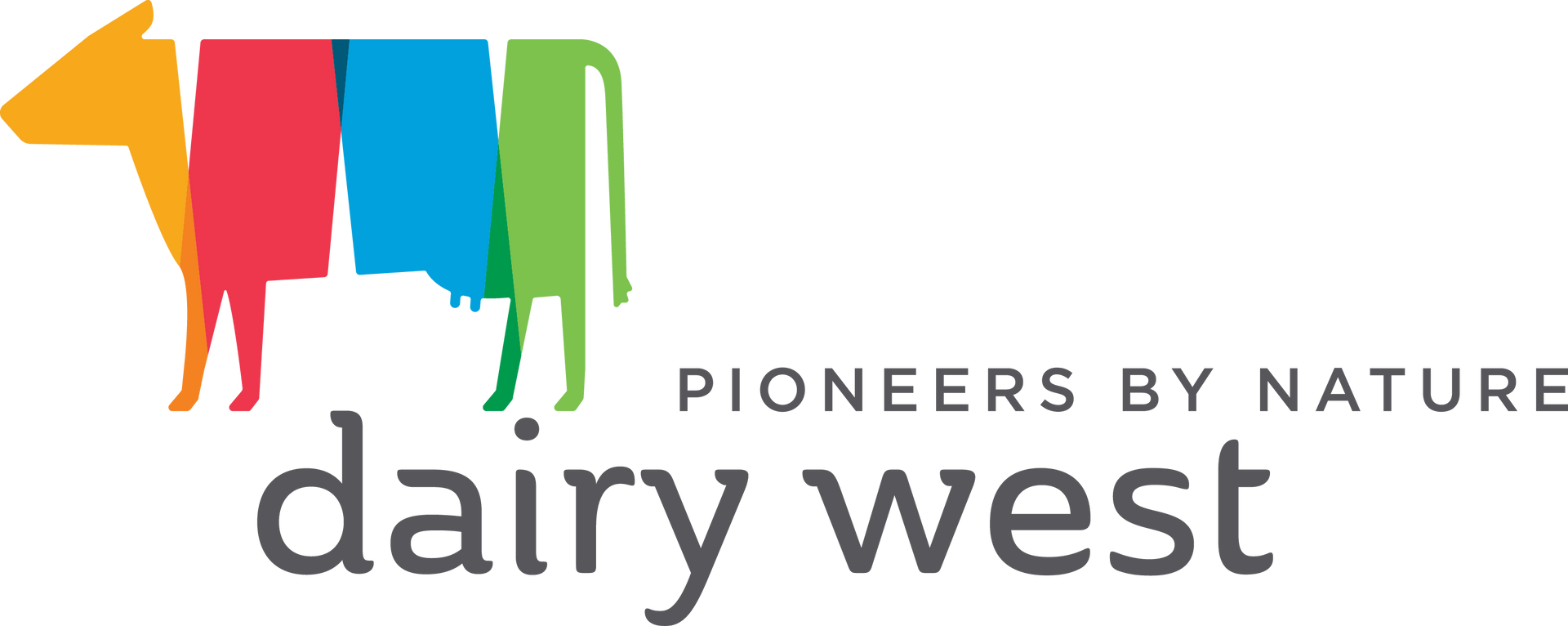 The Dairy West logo features a multi-colored cow silhouette above the company name and the slogan